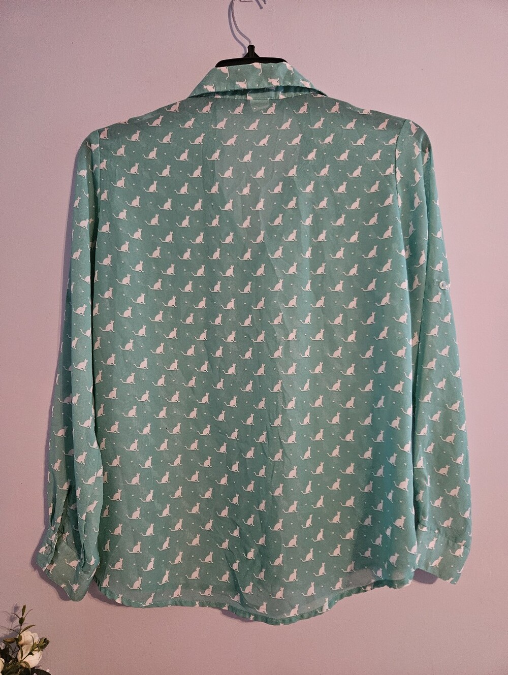 White Cat 🐱 Print Teal Blouse - Picture 2 of 6
